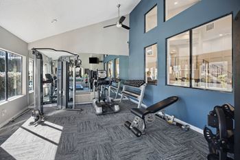 the residence apartments fitness center with exercise equipment and windows